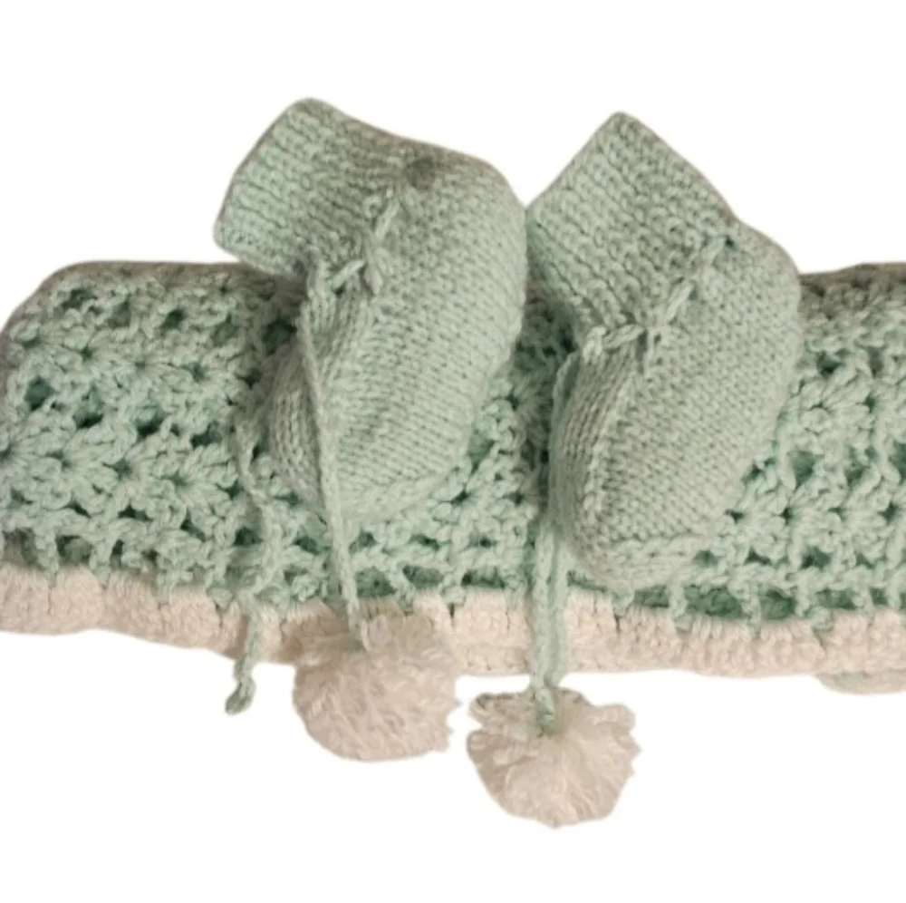 Handmade Mint White Crochet Baby Blanket Booties Set knit Tunisian Vintage Gift
